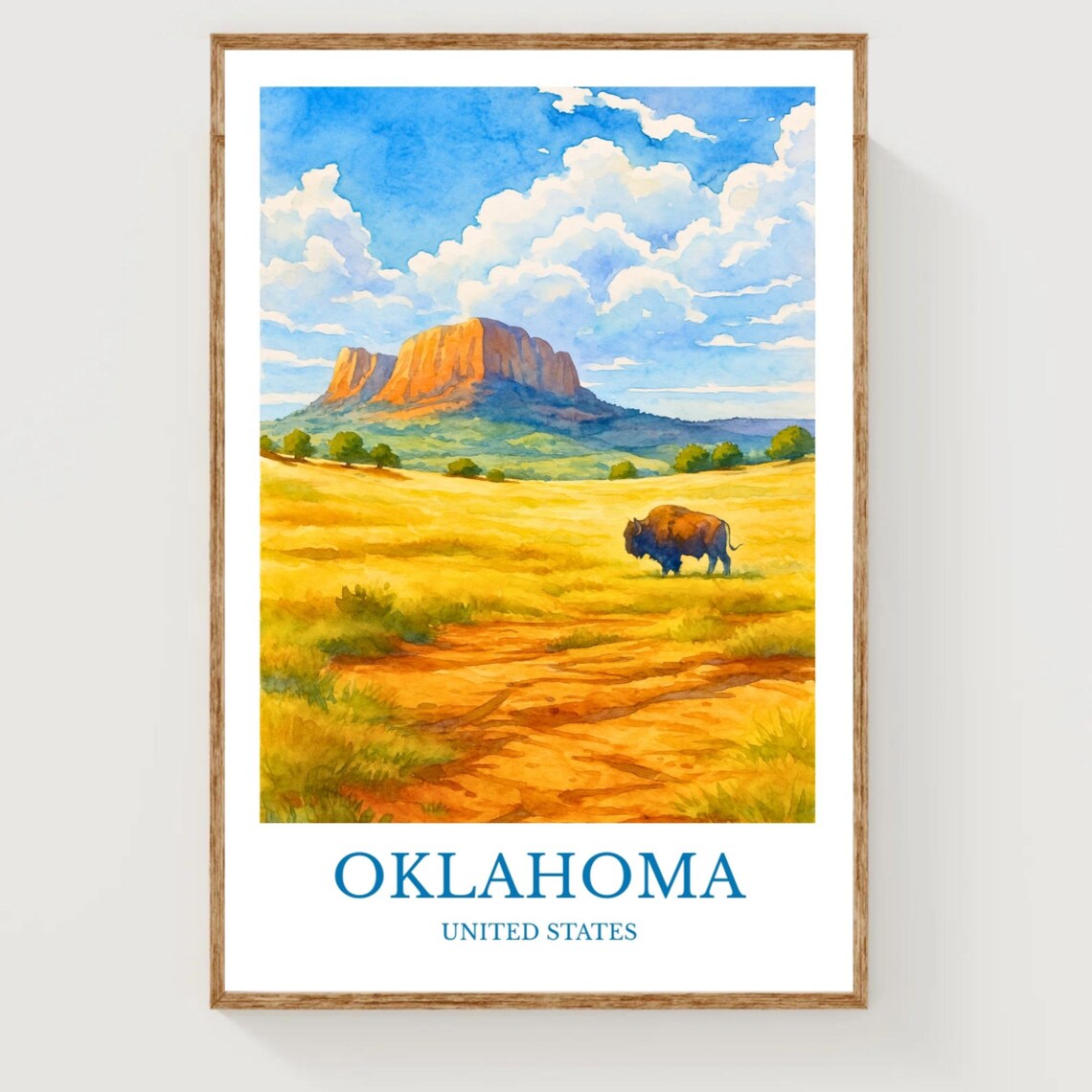 Oklahoma United States Watercolor Mesa Bison Prairie Golden Grass Poster