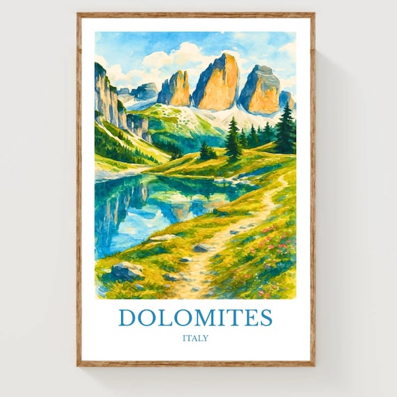 Dolomites Italy Mountain Peaks Lake Reflection Watercolor Poster