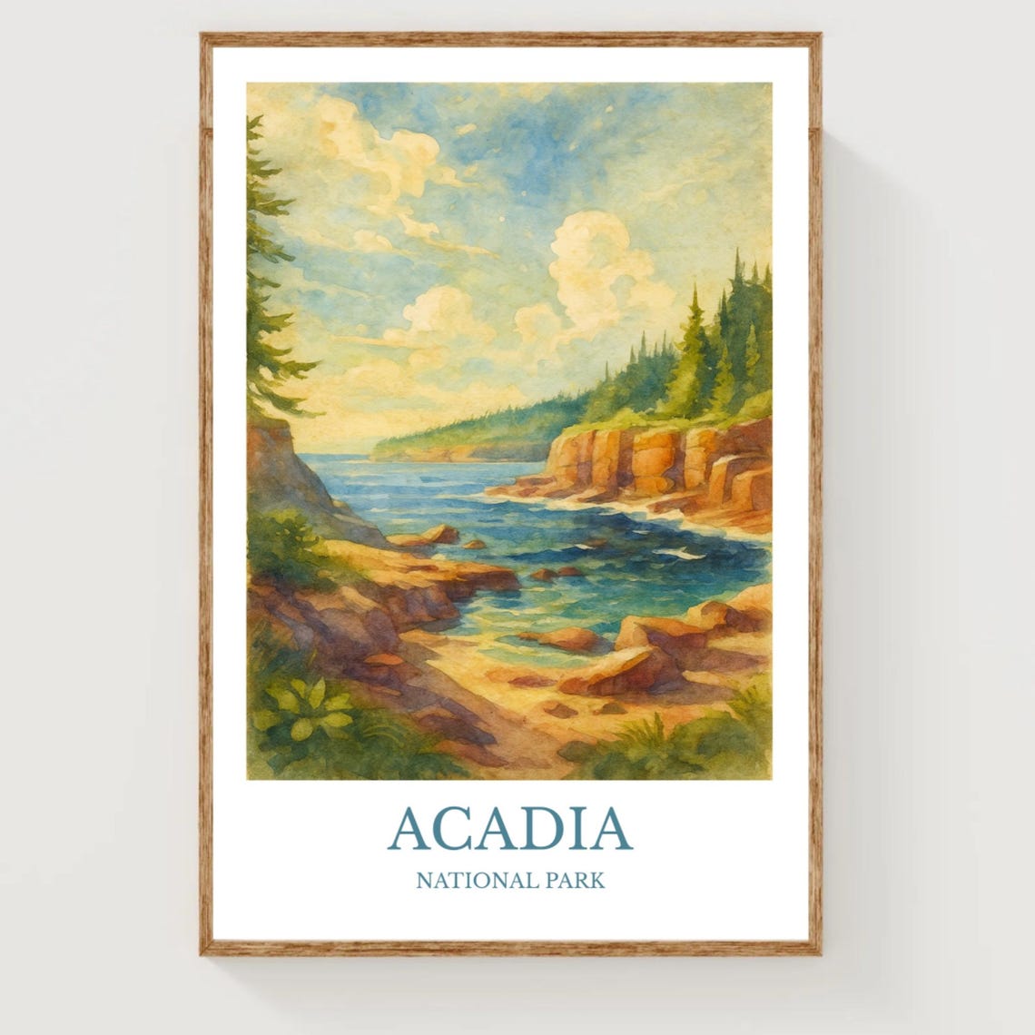 Acadia National Park Coastal Cliffs Watercolor Seascape Travel Poster