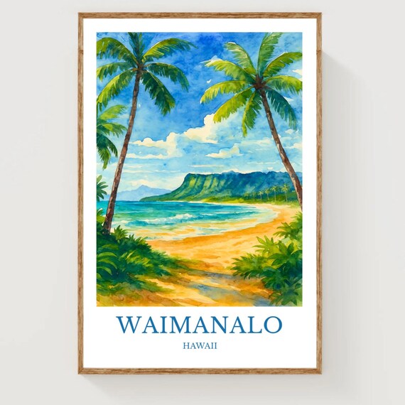 Waimanalo Hawaii Palm Beach Watercolor Tropical Travel Print