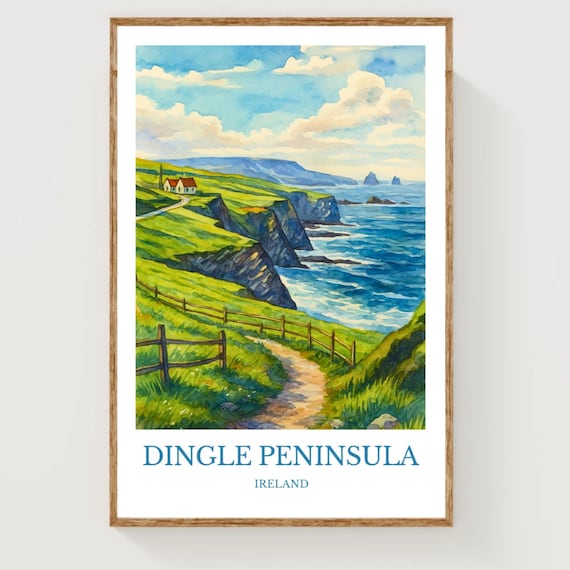Dingle Peninsula Ireland Watercolor Travel Poster Coastal Decor