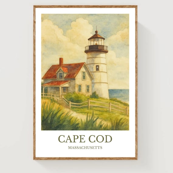 Cape Cod Lighthouse Cottage Watercolor Massachusetts Coastal Poster