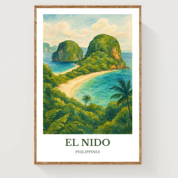 El Nido Philippines Tropical Island Beach Watercolor Vintage Travel Poster