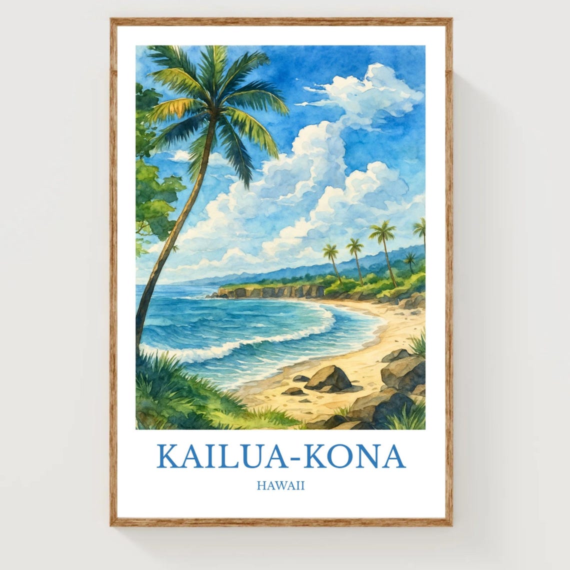 Kailua Kona Hawaii Palm Beach Sunset Watercolor Travel Poster
