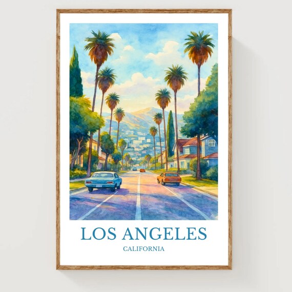 Los Angeles California Palm Tree Street Watercolor Travel Poster