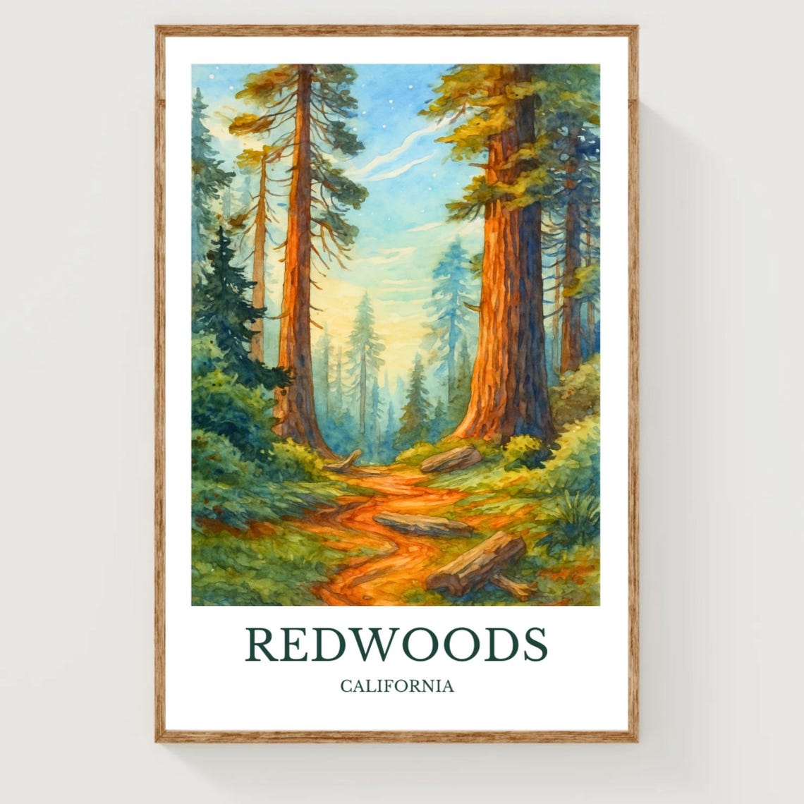 Redwoods California Towering Forest Trail Watercolor Travel Poster