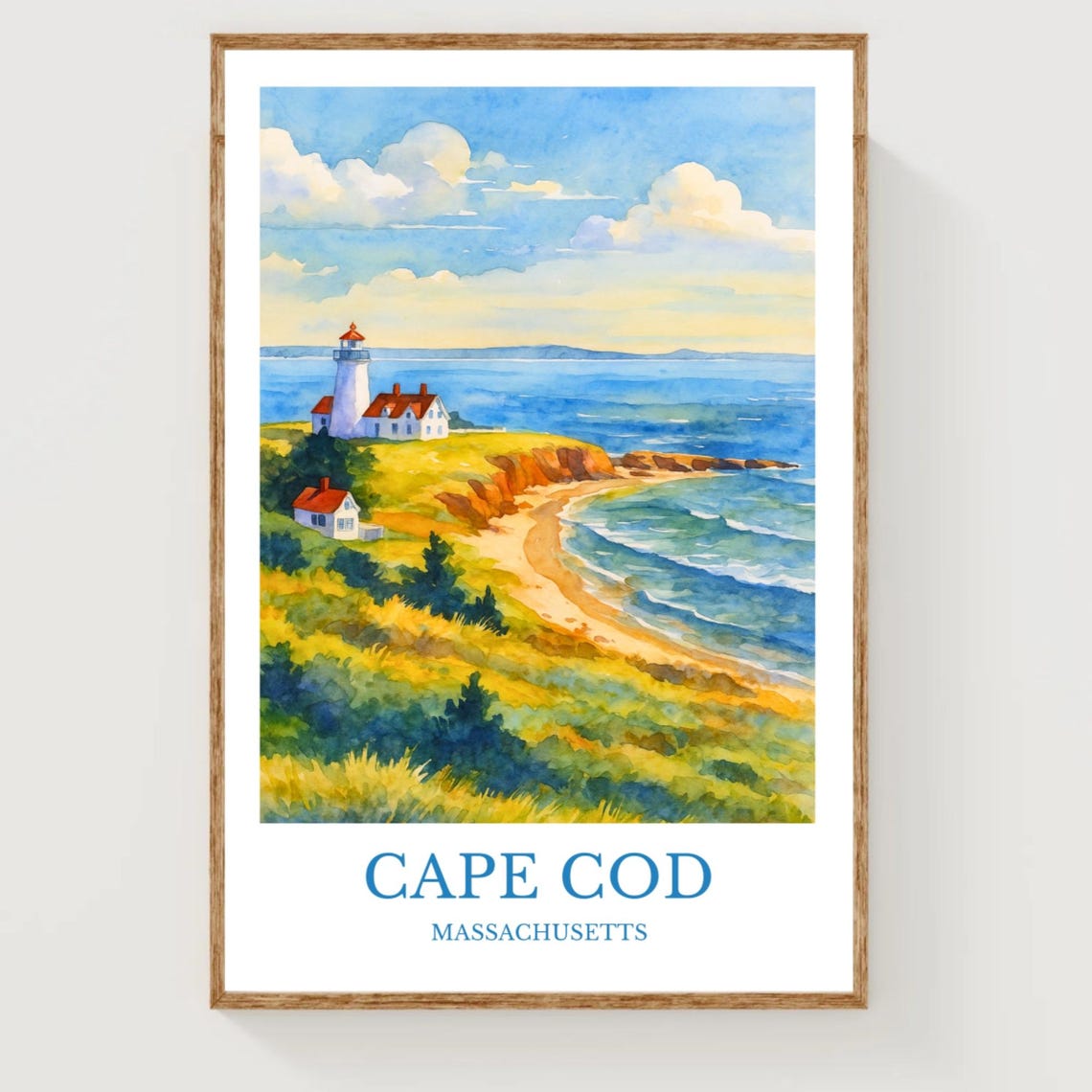 Cape Cod Massachusetts Lighthouse Cliff Watercolor Travel Poster