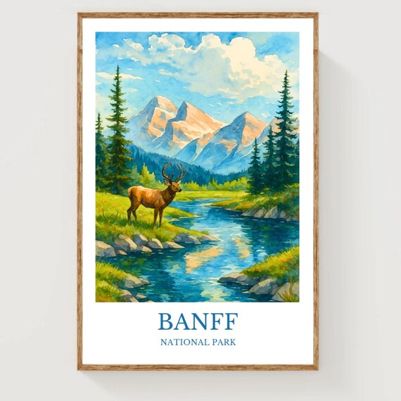 Banff National Park Vintage Watercolor Elk Poster