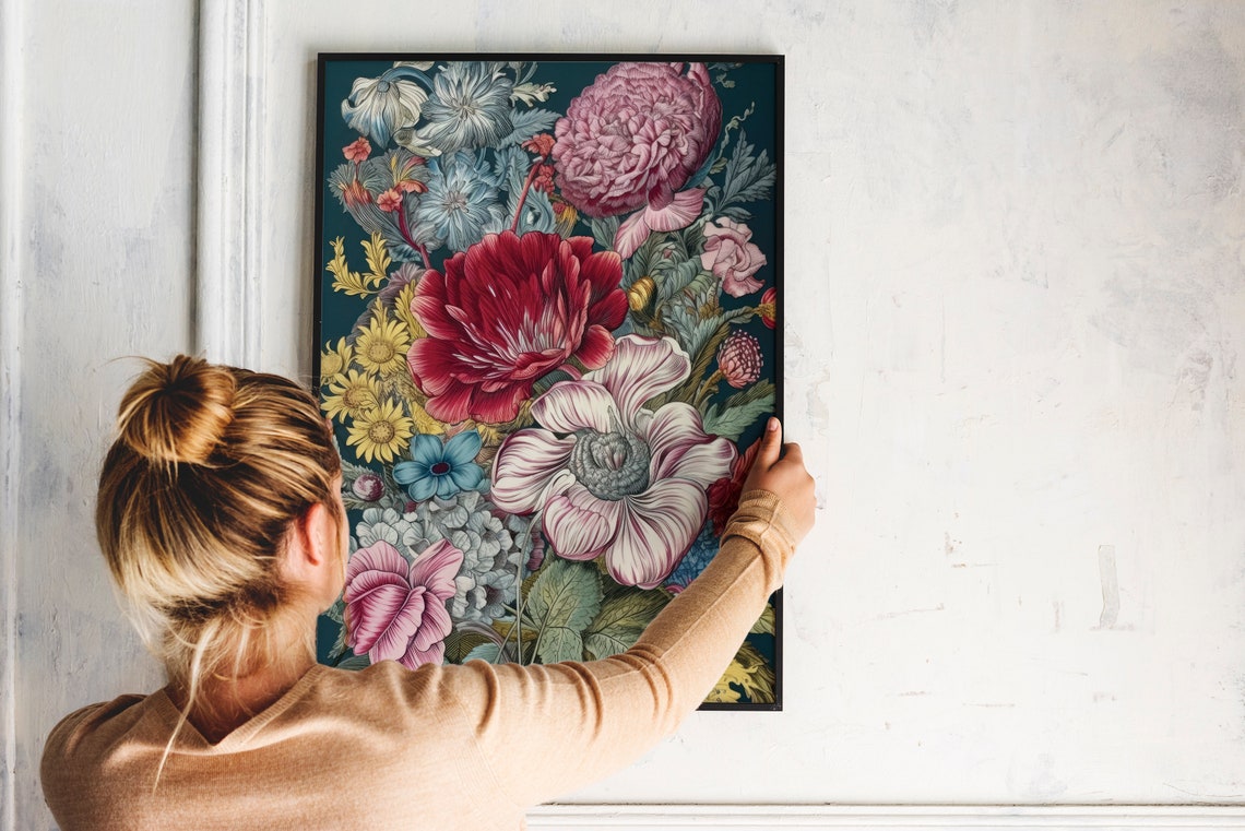 Wildflower Bouquet Vintage Botanical Illustration Dark Teal Art Print - Image 3