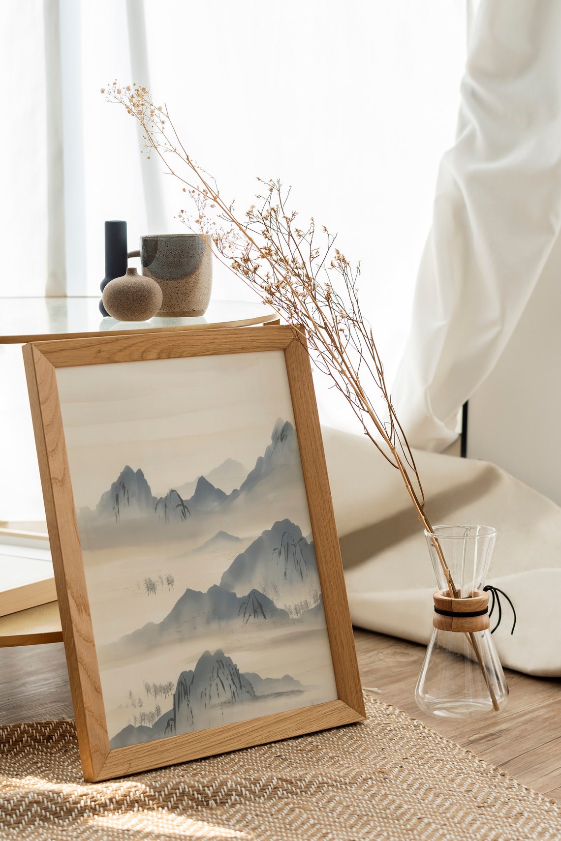 Japanese Misty Mountains Beige Watercolor Serene Landscape Poster - Image 2