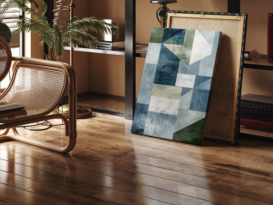 Blue Green Geometric Abstract Patchwork Scandinavian Canvas Wall Art - Image 2