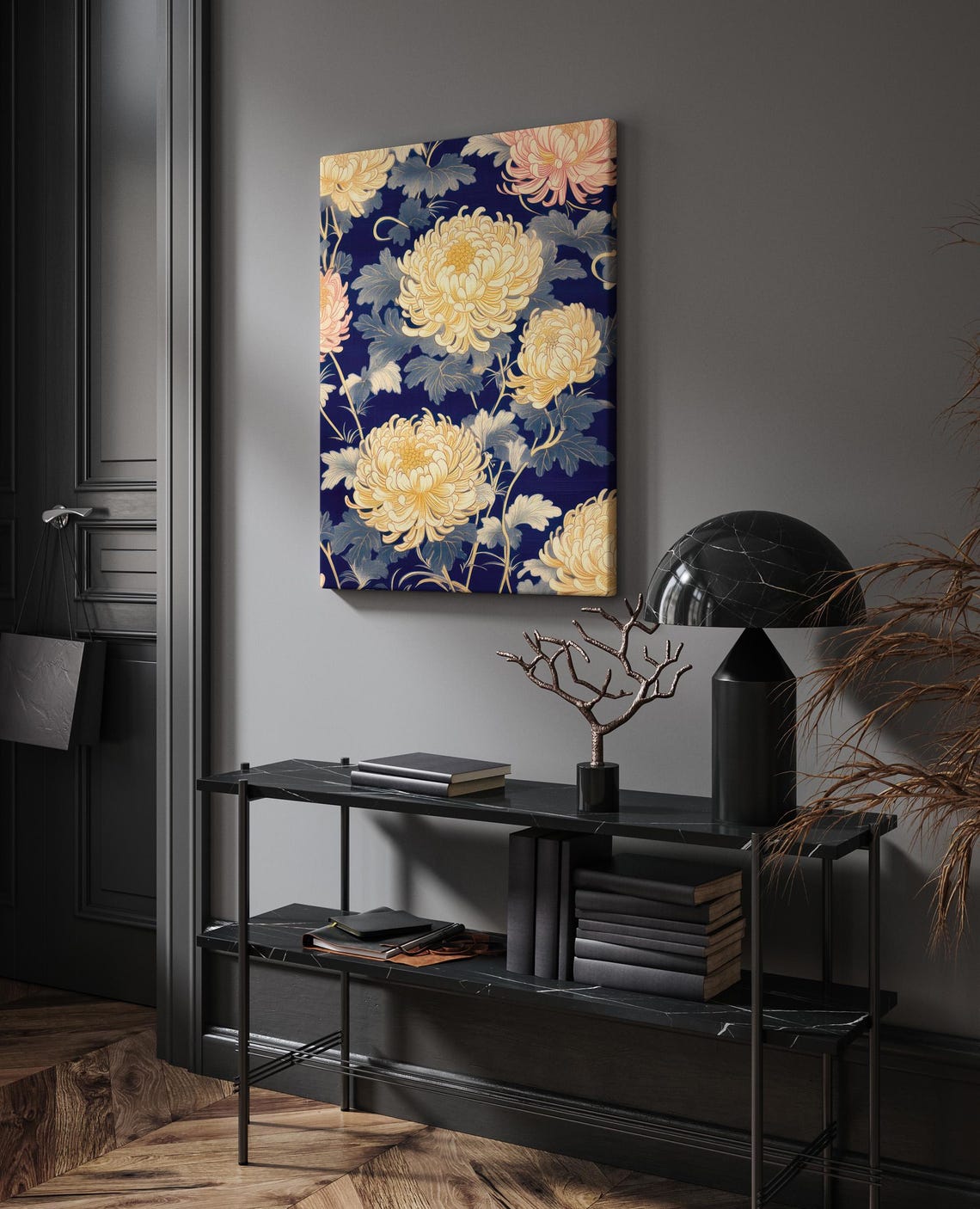 Japanese Chrysanthemum Flowers Navy Blue Pattern Floral Art Print - Image 2