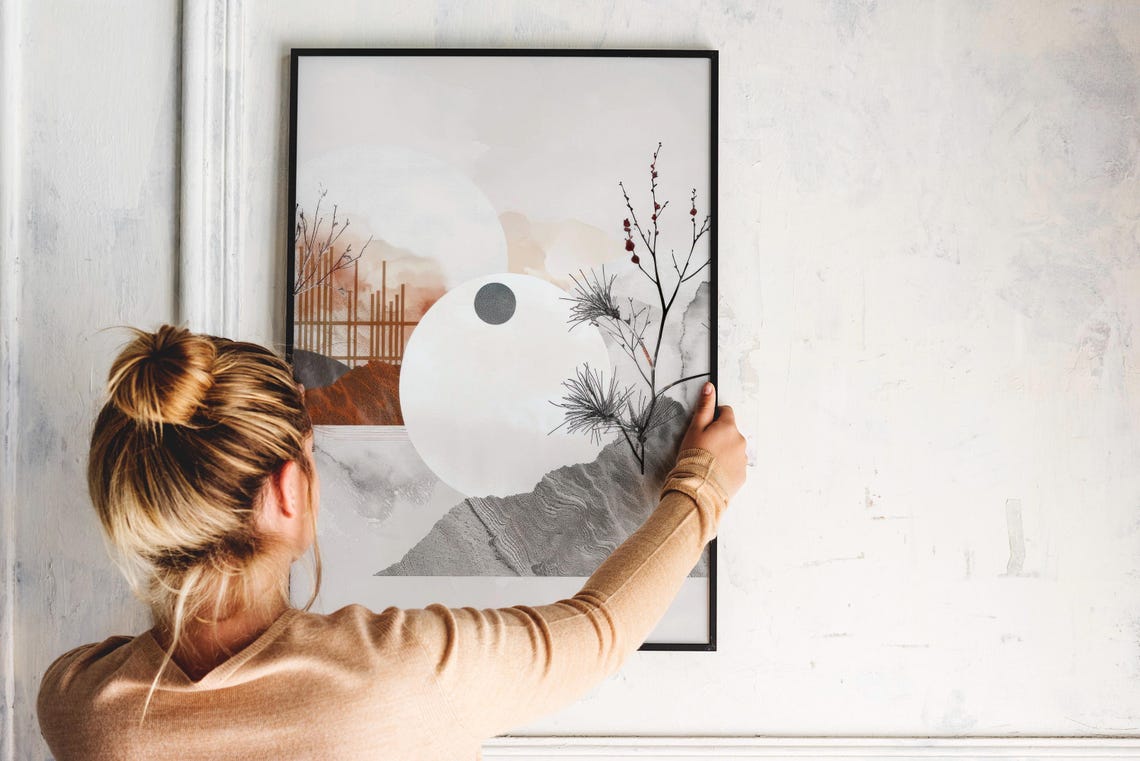 Japanese Moon Mountain Pine Branches Ink Wash Abstract Art Print - Image 2
