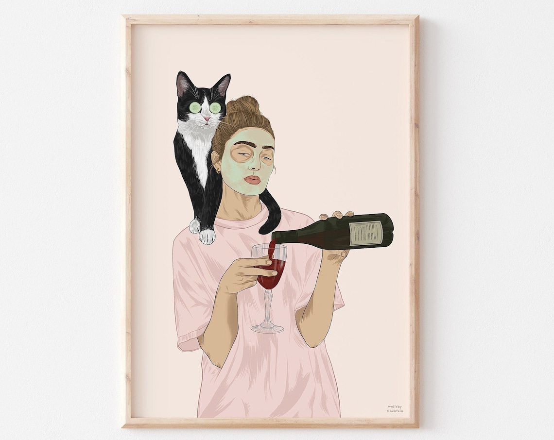 Tuxedo Cat Wine Art Print, Funny Cat Lover Gift