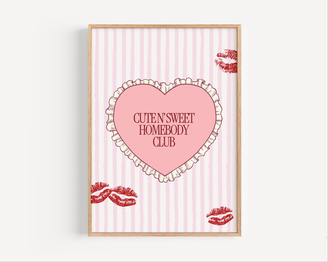 Cute N Sweet Homebody Club Pink Heart Kisses Typography Wall Art