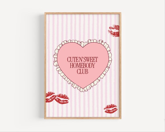 Cute N Sweet Homebody Club Pink Heart Kisses Typography Wall Art