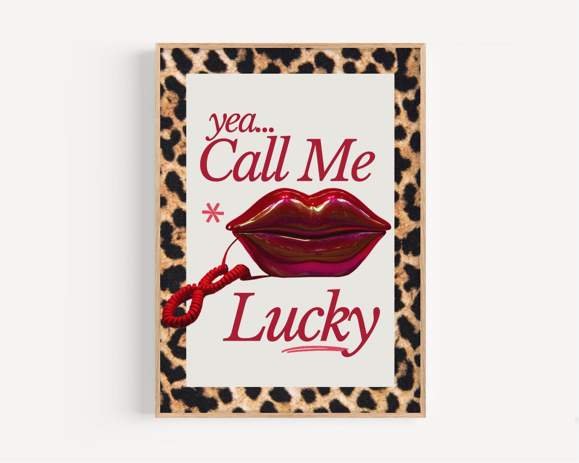 Call Me Lucky Red Lips Retro Phone Sassy Leopard Frame Poster