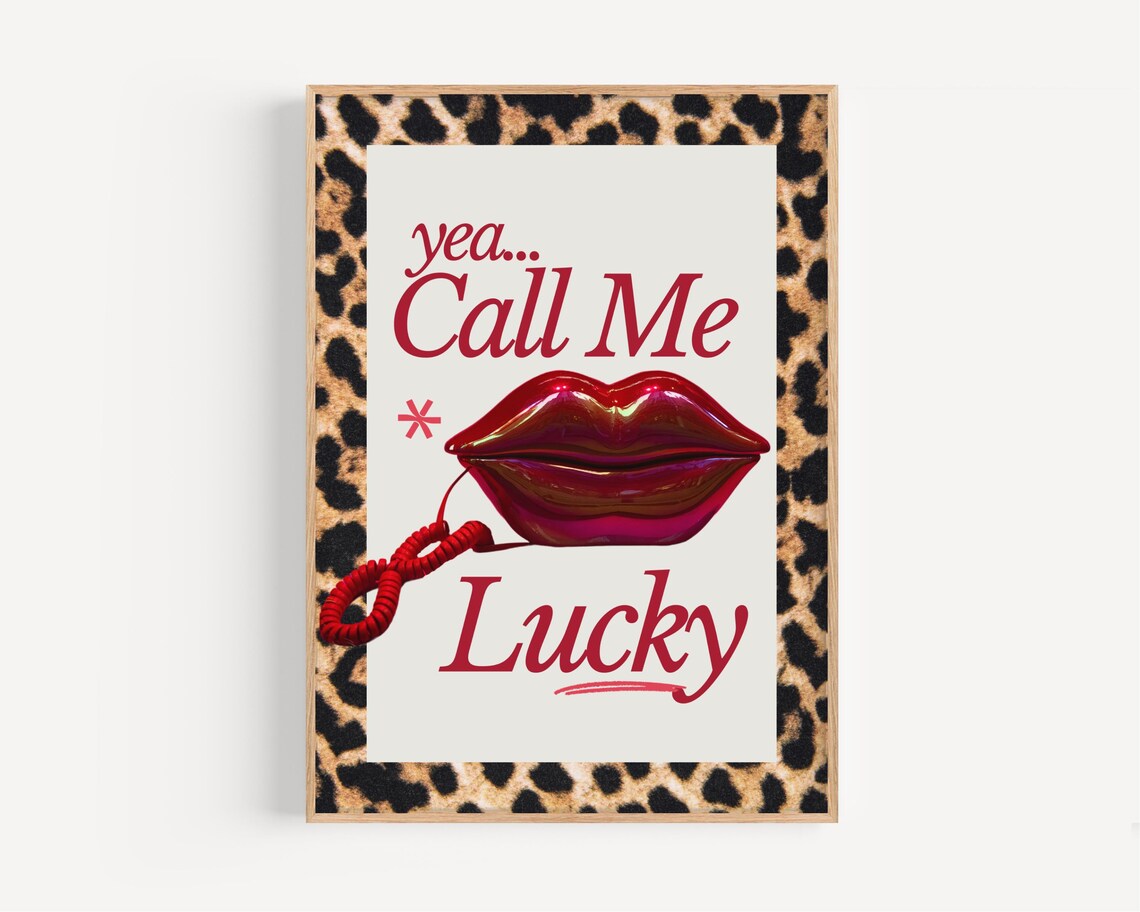 Call Me Lucky Wall Art Red Lips Leopard Print