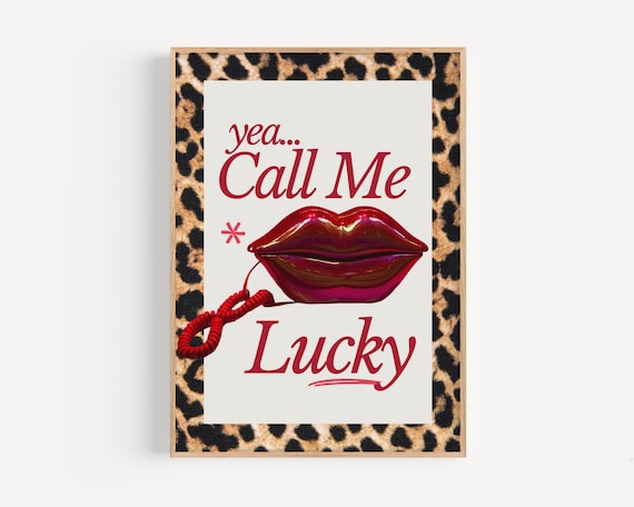 Call Me Lucky Wall Art Red Lips Leopard Print