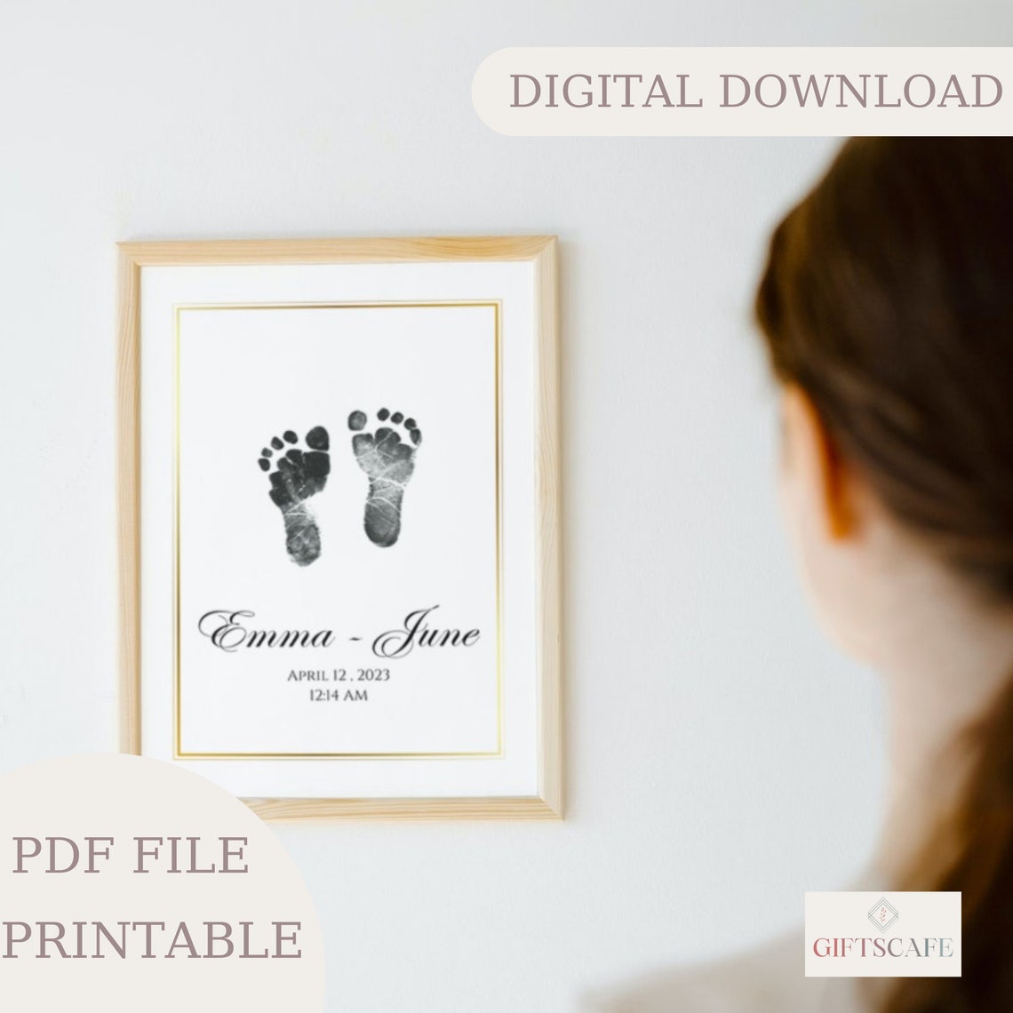Personalized Baby Footprint Birth Print Gold Frame Digital Poster - Image 2