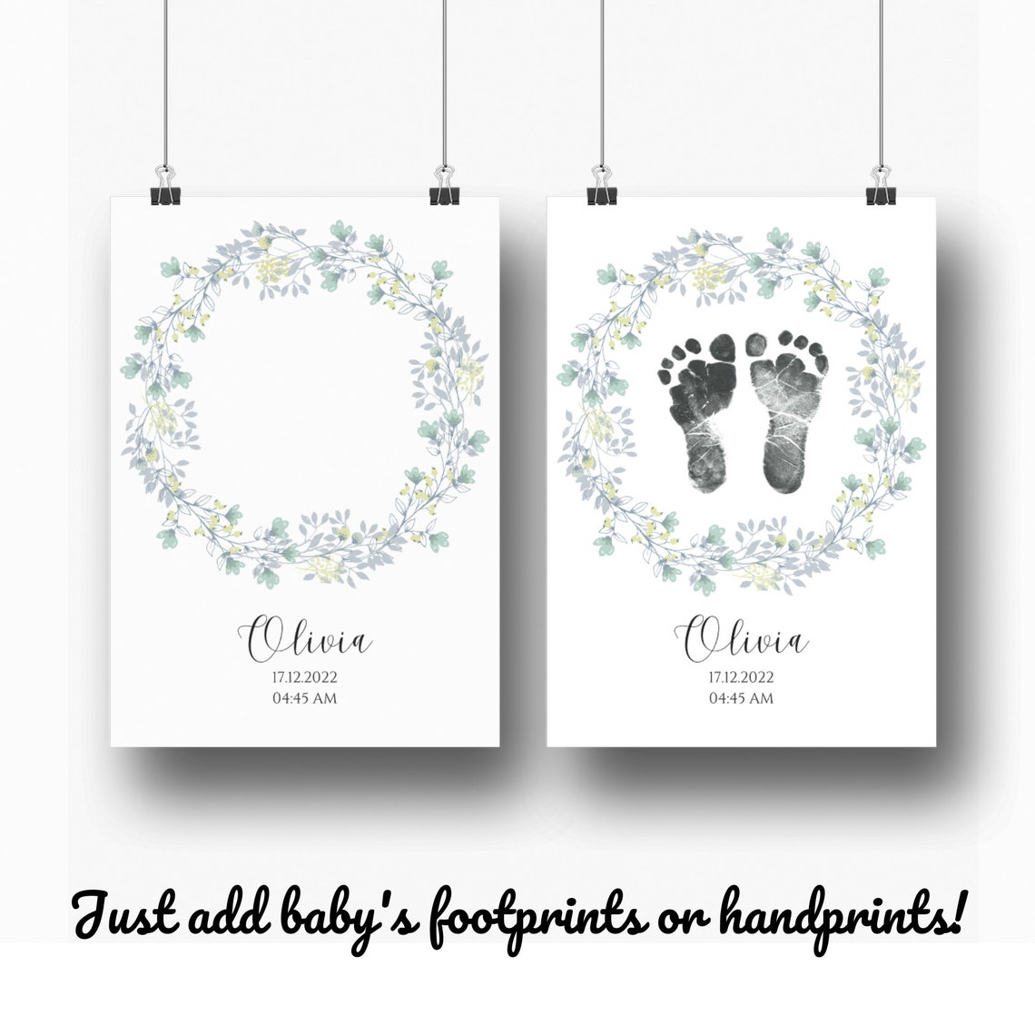 Custom Watercolor Sage Wreath Newborn Foot Print Poster - Image 2