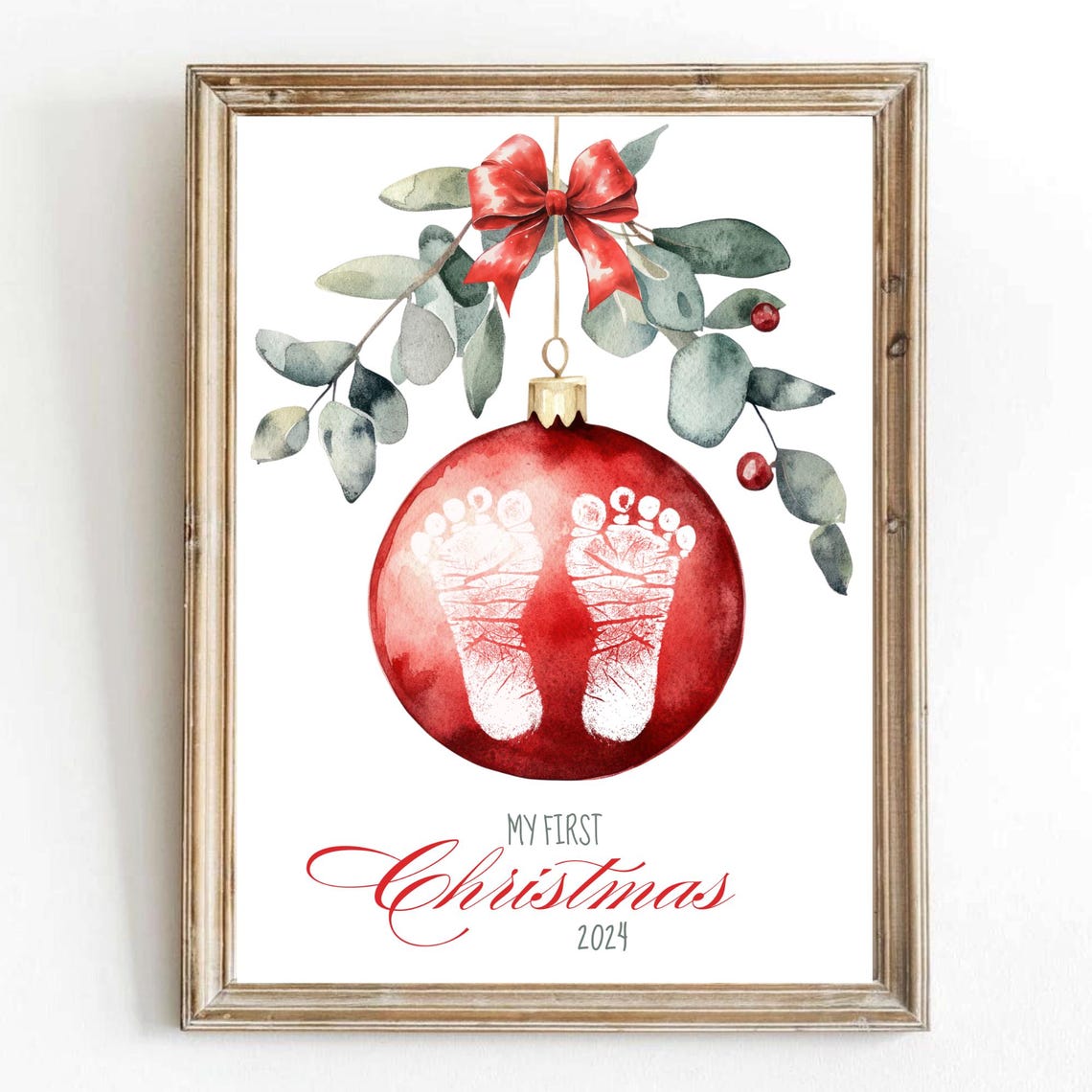 My First Christmas Red Ornament Baby Footprint Eucalyptus Bow Keepsake