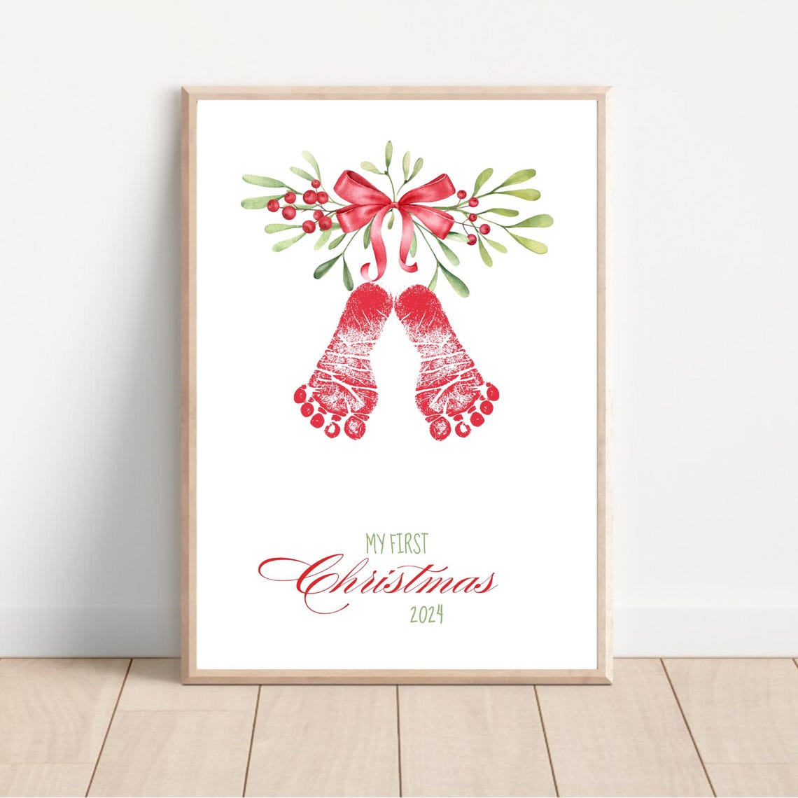 My First Christmas Red Footprint Mistletoe Bow Baby Keepsake Art Print - Image 3