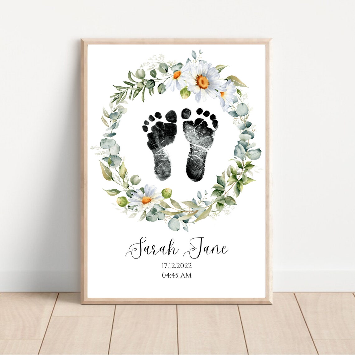 Personalized Baby Footprint Birth Print Daisy Eucalyptus Poster
