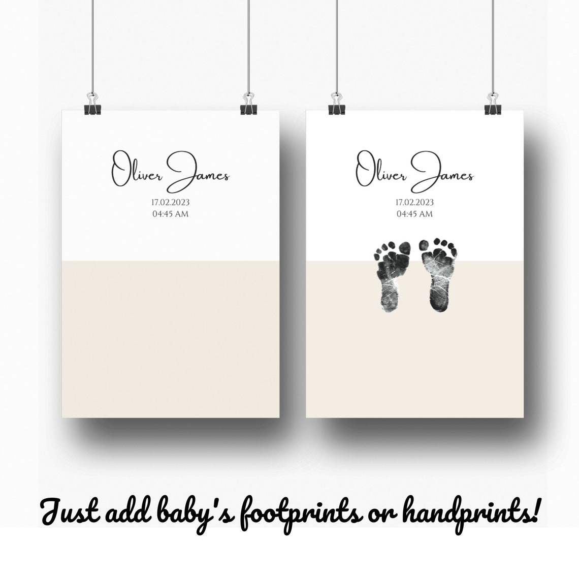 Custom Baby Footprints Design For Babys First Footprints Or Handprints Personalised Birth Details In Neutral Colours - Image 2