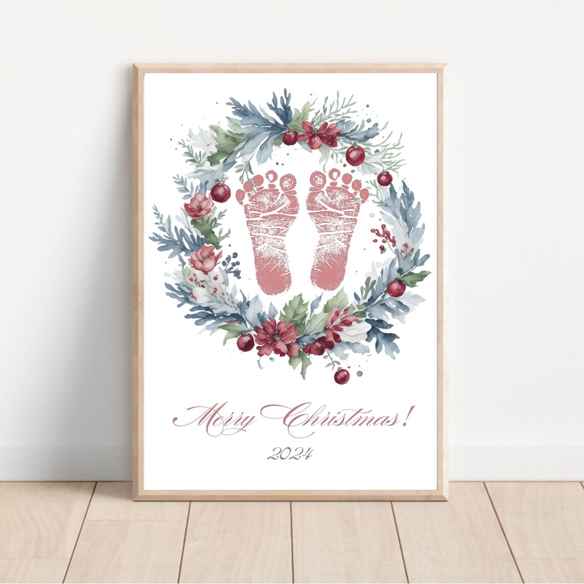 Merry Christmas 2024 Baby Footprint Winter Botanical Wreath Art Poster - Image 2