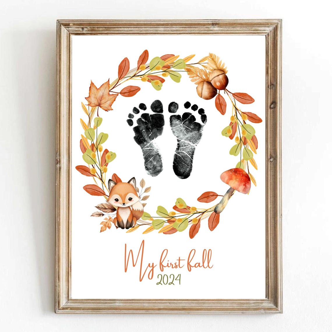 Baby Footprint First Fall Fox Woodland Wreath Keepsake Poster