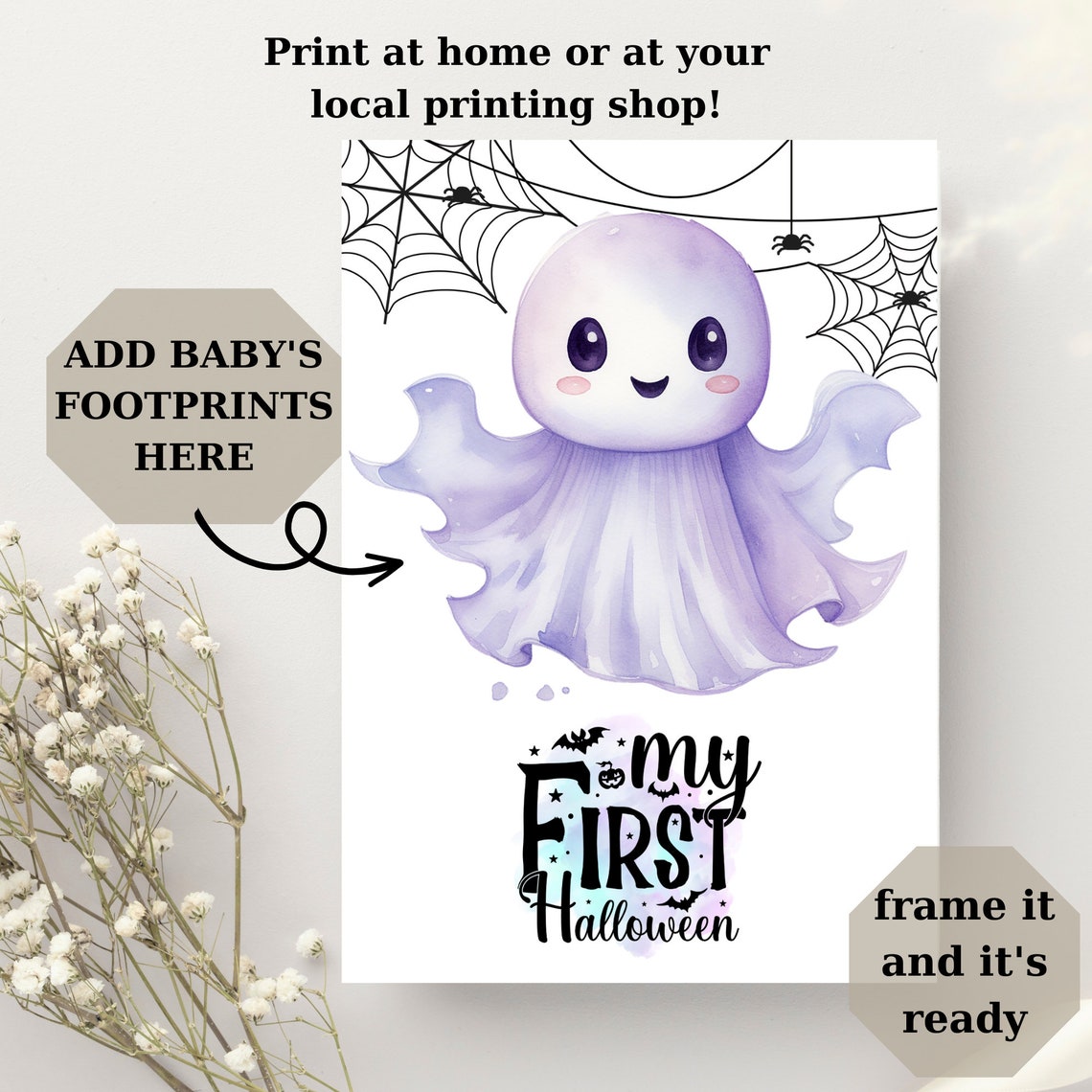 Baby Footprint First Halloween Cute Purple Ghost Keepsake Poster - Image 3