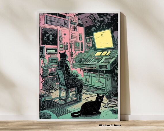 Retro Space Cats Mission Control Cosmic Vintage Sci Fi Poster