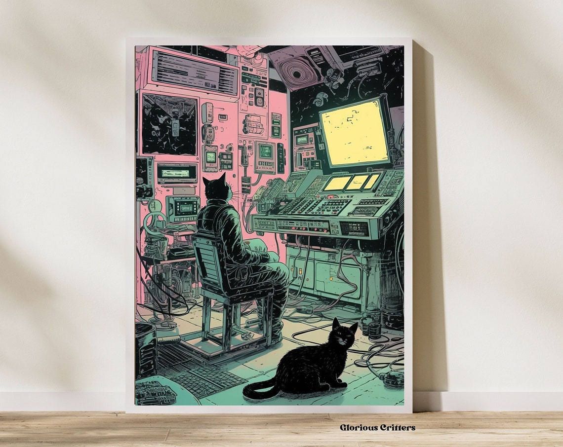Retro Space Cats Mission Control Cosmic Vintage Sci Fi Poster