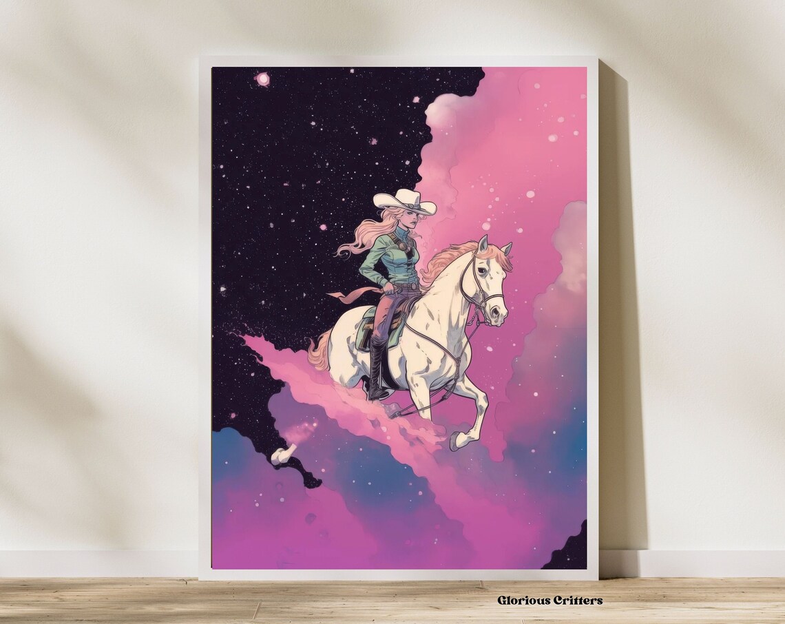 Bold Pink Cosmic Cowgirl Riding a White Horse Western Art Poster