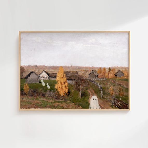 Farmhouse Halloween Decor Ghosts In Painting Print Vintage Landscape Poster Trendy