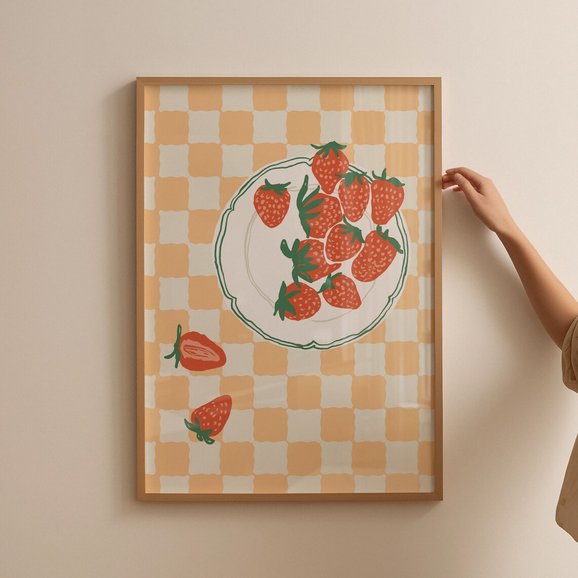 Strawberries Checkered Kitchen Wall Art, Food Art Print