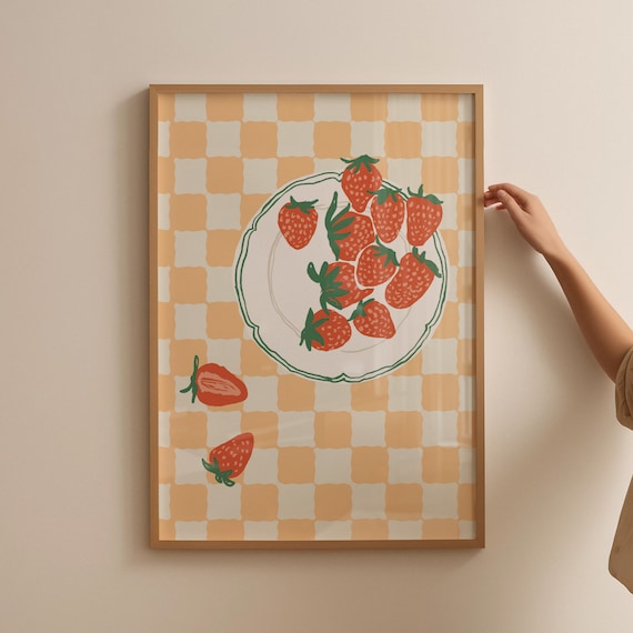 Strawberries Checkered Kitchen Wall Art, Food Art Print