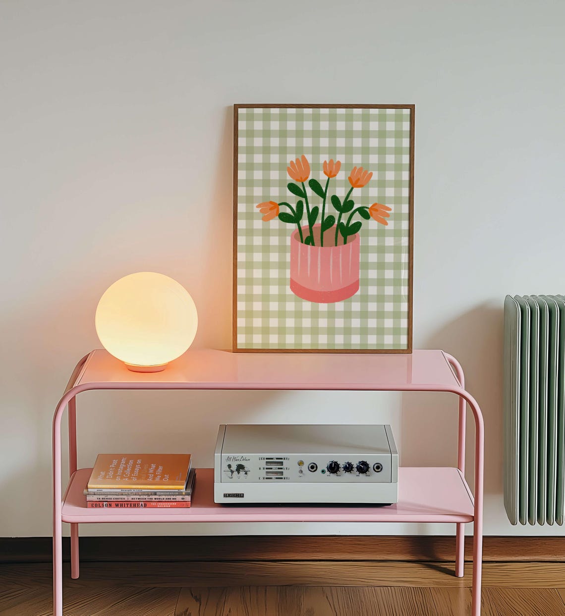 Orange Blooms In Pink Vase On Sage Gingham Boho Botanical Poster