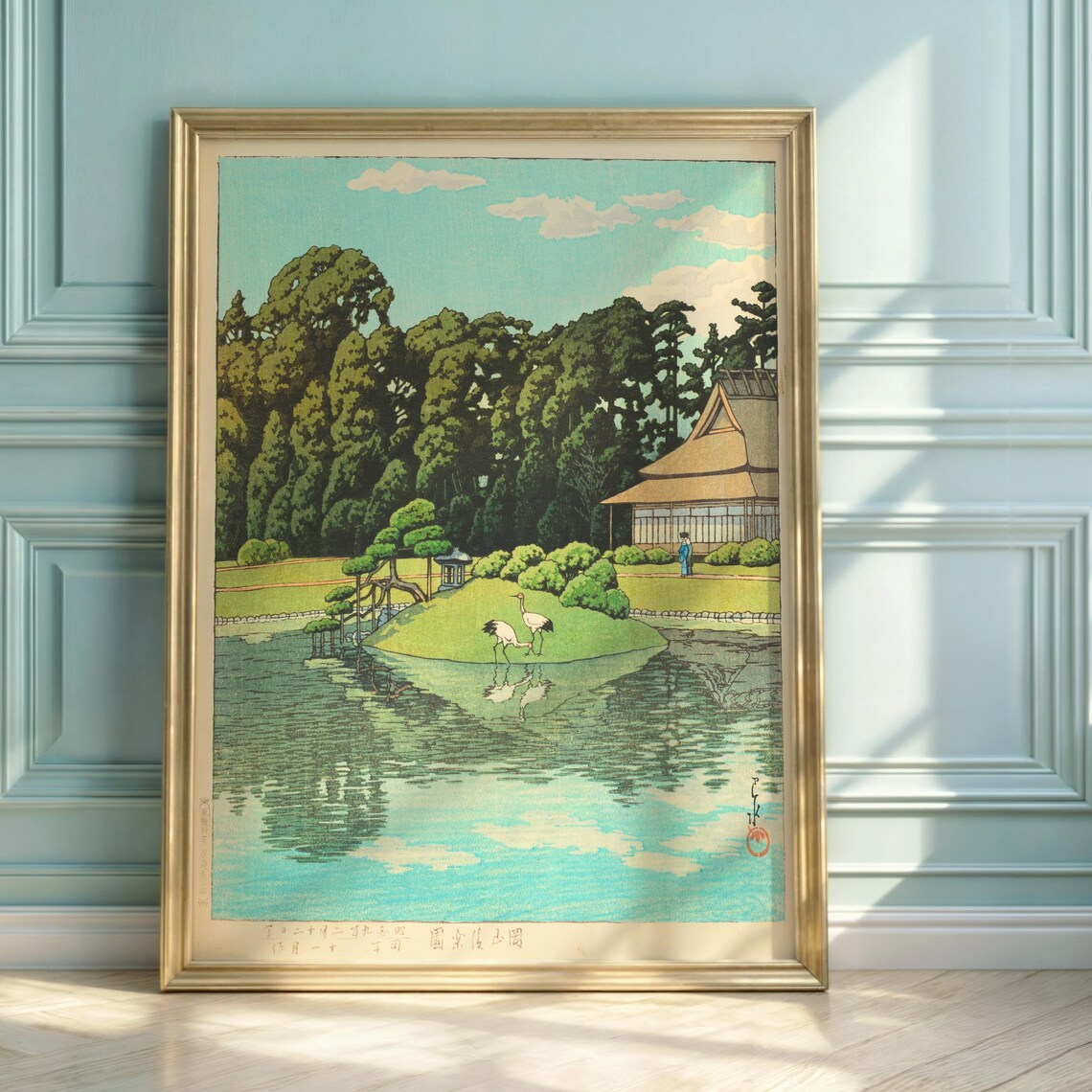 Hasui Kawase Korakuen Garden Cranes Pond Japanese Woodblock Print