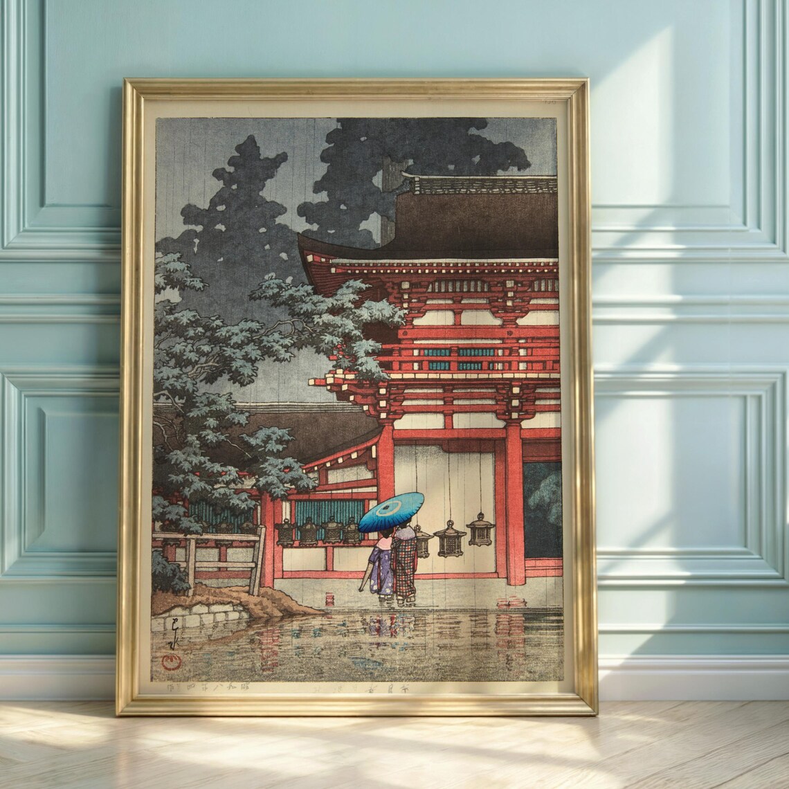 Hasui Kawase Kasuga Shrine Red Temple Rain Japanese Woodblock Poster