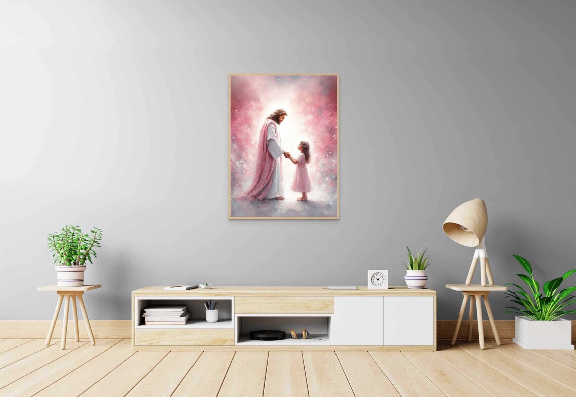 Jesus Holding Little Girl's Hand Under Starry Pink Sky Poster - Image 5