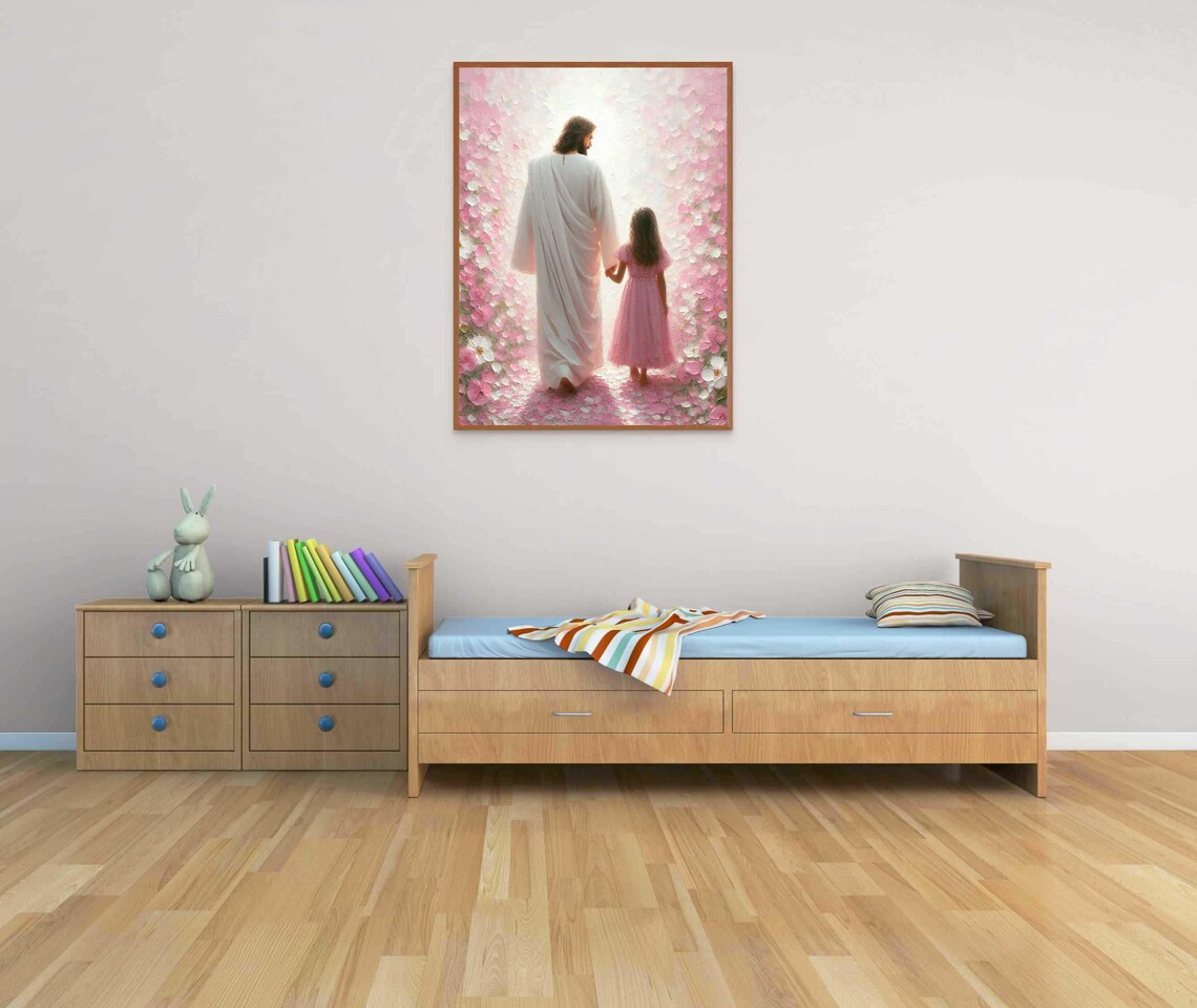 Jesus Walking With Girl Flower Archway Into Heavenly Light Christian Poster - Image 4