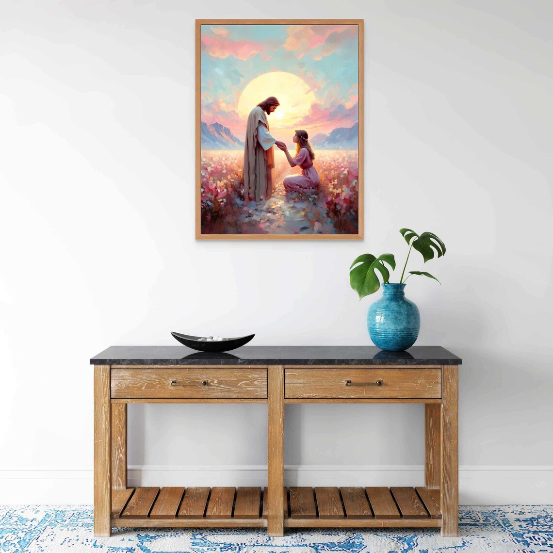 Jesus Reaching Out to Kneeling Woman in Sunset Field Art Poster - Image 6