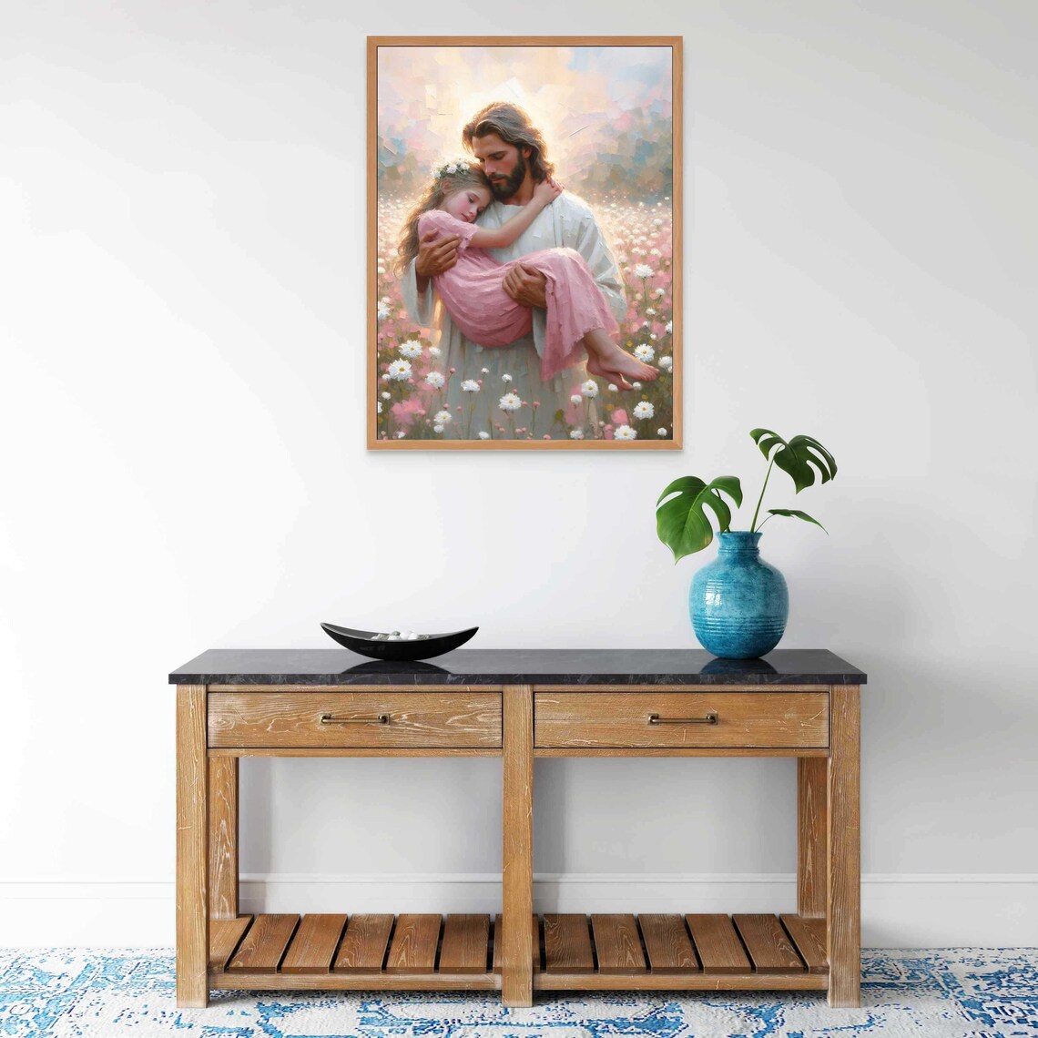 Jesus Carrying Little Girl Through White Daisy Field Christian Poster - Image 5