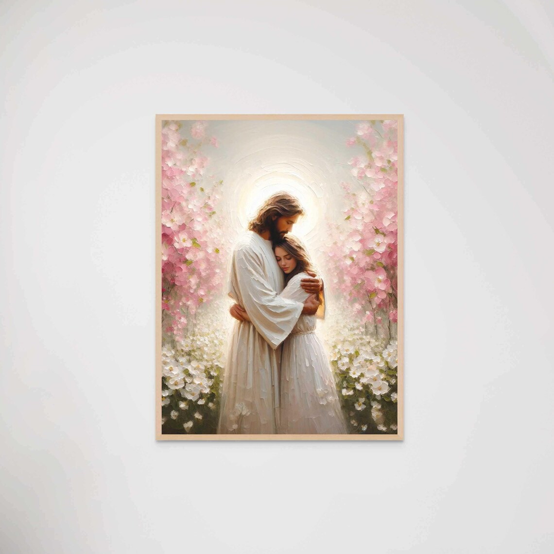 Jesus Embracing Woman White Dress Pink Blossom Garden Tender Christian Poster
