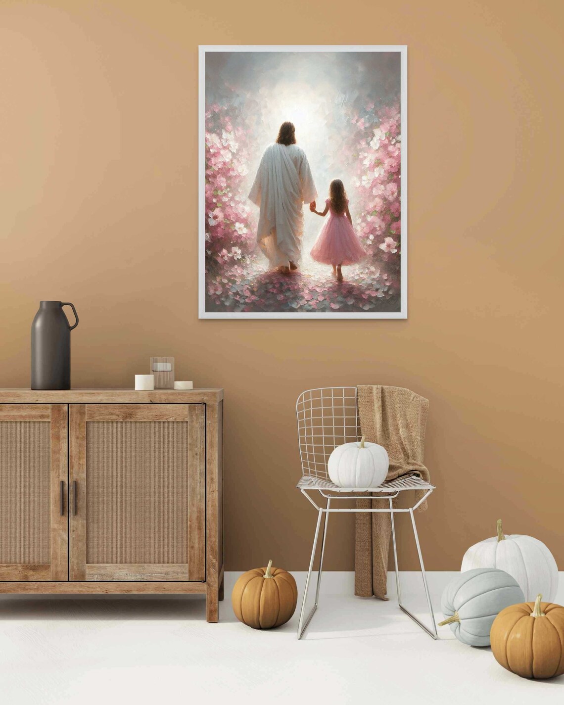 Jesus And Little Girl Walking Hand In Hand Into Heavenly Light Pink Blossom Poster