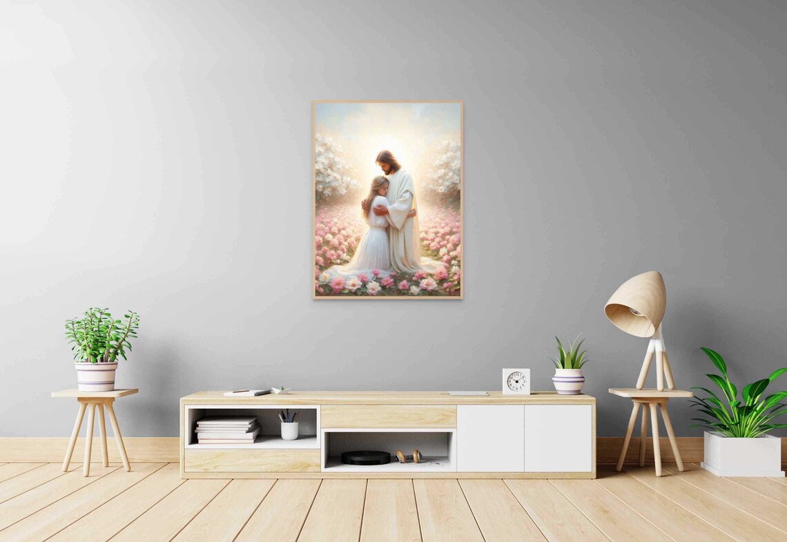 Jesus Embracing Girl in White Dress Among Pink Blossoms Poster - Image 7