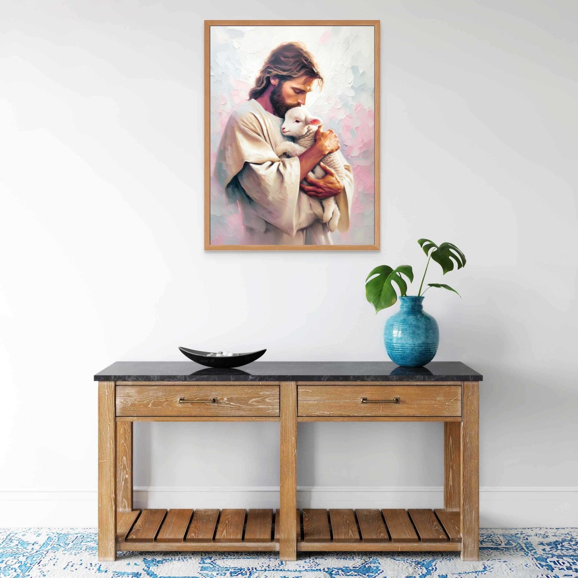 Jesus Cradling White Lamb in Cream and Pink Impasto Art Poster - Image 6