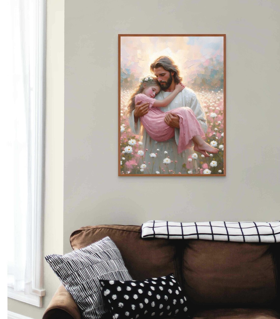 Jesus Carrying Little Girl Through White Daisy Field Christian Poster - Image 2